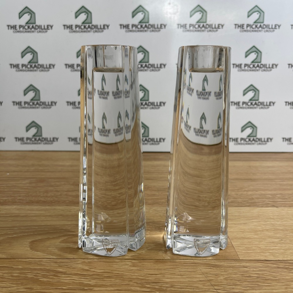 Orrefors Sweden Crystal Bud Vases Pair Hexagonal Tapered Clear Glass 7.5 Inch